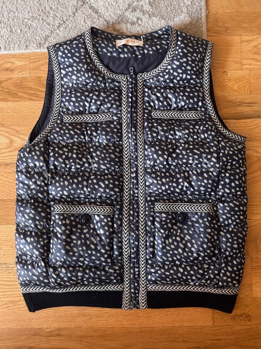 Tory Burch Macy Quilted Down Puffer Vest in a navy and white speckled pattern